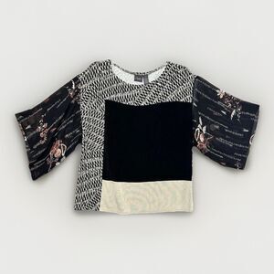 Chico's Travelers Knit Top Sheer Sleeves Mixed Print Sz Small, 0 Beige Black